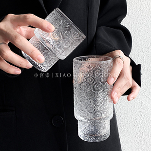 中古杯ins风海棠花浮雕玻璃杯可叠复古冰美式 咖啡杯水杯果汁杯子