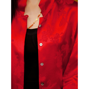 春夏红色立领中国风桑蚕丝女士上衣衬衫 24EC149 复古日记新中式