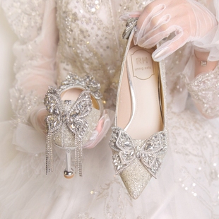 银色婚鞋 新娘鞋 法式 蝴蝶结气质高跟鞋 女细跟 主婚纱公主订婚水晶鞋