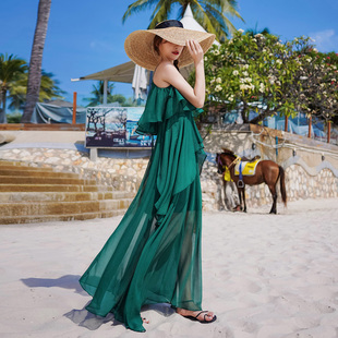 海边度假裙吊带连衣裙雪纺沙滩裙女夏超仙绿色荷叶边露肩三亚长裙
