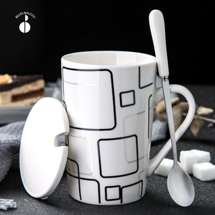 创意陶瓷杯子简约水杯家用大容量马克杯带盖勺个性 潮流咖啡杯茶杯