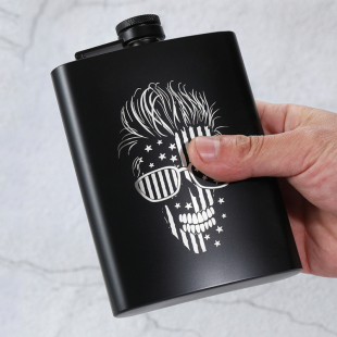 黑色哑光二次元 骷髅头食品级304不锈钢酒壶瓶LOGO定制DIY激光刻字