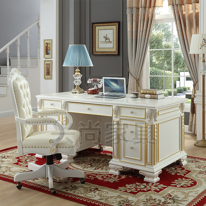 实木书桌办公桌美式 豪华老板总裁桌大班台书房白色写字台 奢华欧式