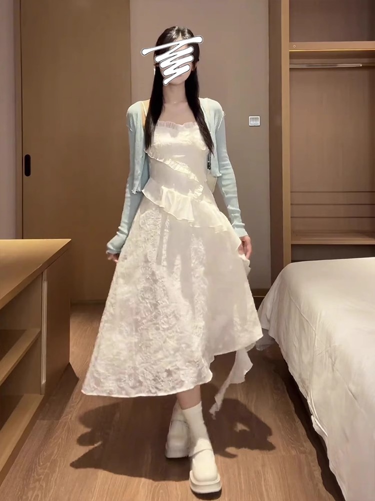 韩系设计感甜美法式 收腰显瘦仙女白色吊带连衣裙小个子荷叶边裙子