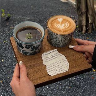 日式 印花咖啡杯拿铁杯咖啡厅陶瓷意式 浓缩咖啡杯带孔木托盘套装