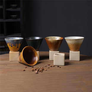 手工做旧粗陶咖啡杯复古创意陶瓷漏斗状拿铁拉花杯个性 水杯子 日式