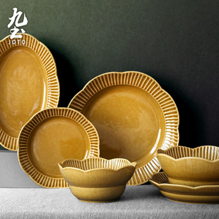 手工餐盘家用创意盘子陶瓷碗鱼盘汤面饭碗沙拉碗复古餐具套装 日式