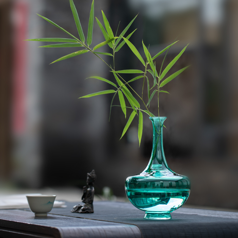 翡绿色小花瓶新中式 玻璃磨砂透明琉璃花器摆件客厅桌面插花器皿