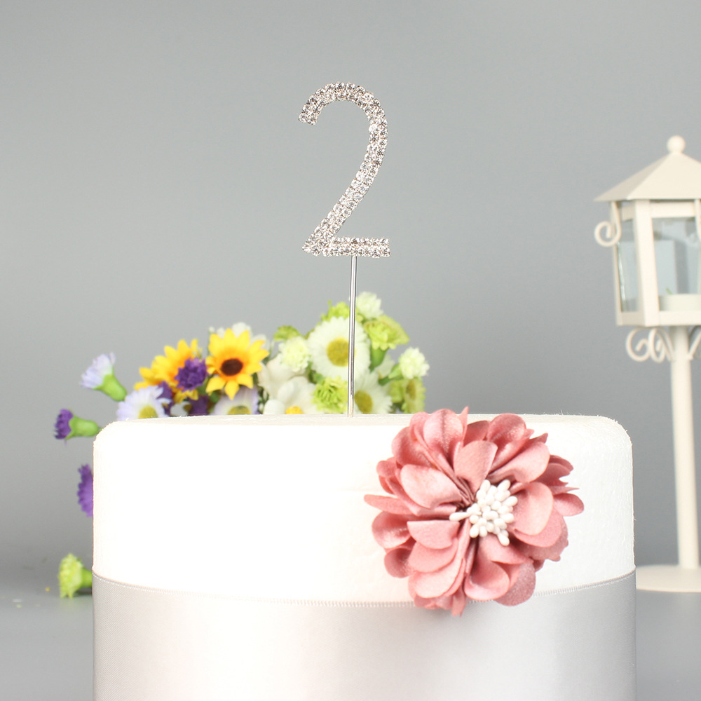ins美式 银色水晶钻闪亮0 9数字金属插牌蜡烛甜品蛋糕装 饰生日礼物