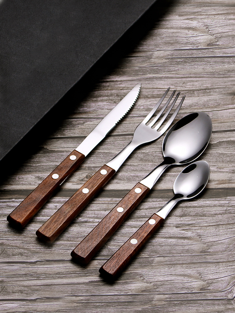 创意木柄刀叉勺木柄304不锈钢欧式 家用牛排刀叉勺西餐餐具四件套