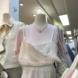 夏季 新品 十三行女装 设计感蕾丝吊带拼接短袖 T恤假两件上衣女 韩版