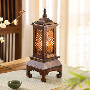 东南亚风格 卧室创意实木床头灯泰国复古简约手工中式 竹编装 饰台灯