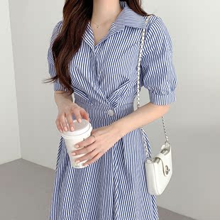 连衣裙女 式 时髦气质翻领系扣收腰显瘦泡泡袖 韩国chic夏季 条纹衬衫