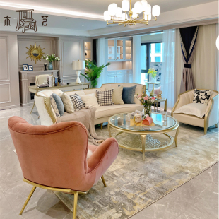 轻奢实木皮布艺沙发法式 小户型客厅现代简约别墅高端沙发组合 美式