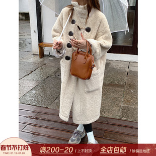 BingDaily牛角扣羊羔毛大衣女2022冬季 韩版 中长款 加厚毛绒绒外套