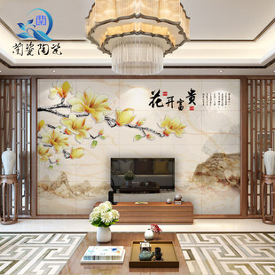 微晶石电视背景墙瓷砖新中式 客厅实木花格3d大理石影视墙花开富贵