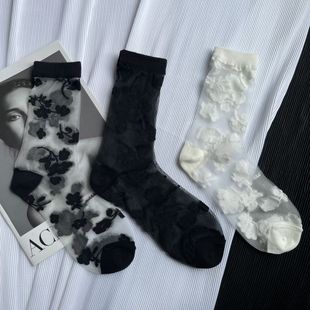 夏季 花朵超薄透明水晶丝袜中筒袜女ins潮黑白日系玻璃丝堆堆袜