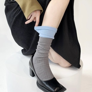 袜子女夏季 新款 2023韩国东大门设计感拼接假两件走秀款 纯棉堆堆袜