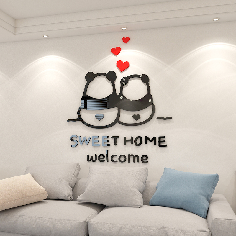 情侣熊猫墙贴3d立体亚克力卡通贴纸卧室客厅玄关背景墙装 饰自粘