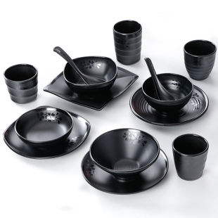 餐厅饭店商用日式 碗 密胺餐具黑色火锅店摆台四件套塑料碗碟杯套装