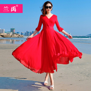 长款 连衣裙波西米亚长裙巴厘岛海边度假裙子女 三亚红色沙滩裙短袖