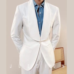 一粒扣结婚礼新郎礼服 男商务绅士修身 青果领白色西装 JUESION 套装