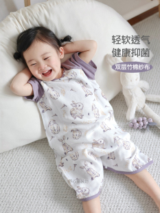 夏季 双层竹棉纱布连体睡衣宝宝家居服婴儿睡袋儿童短袖 睡裙亲子装