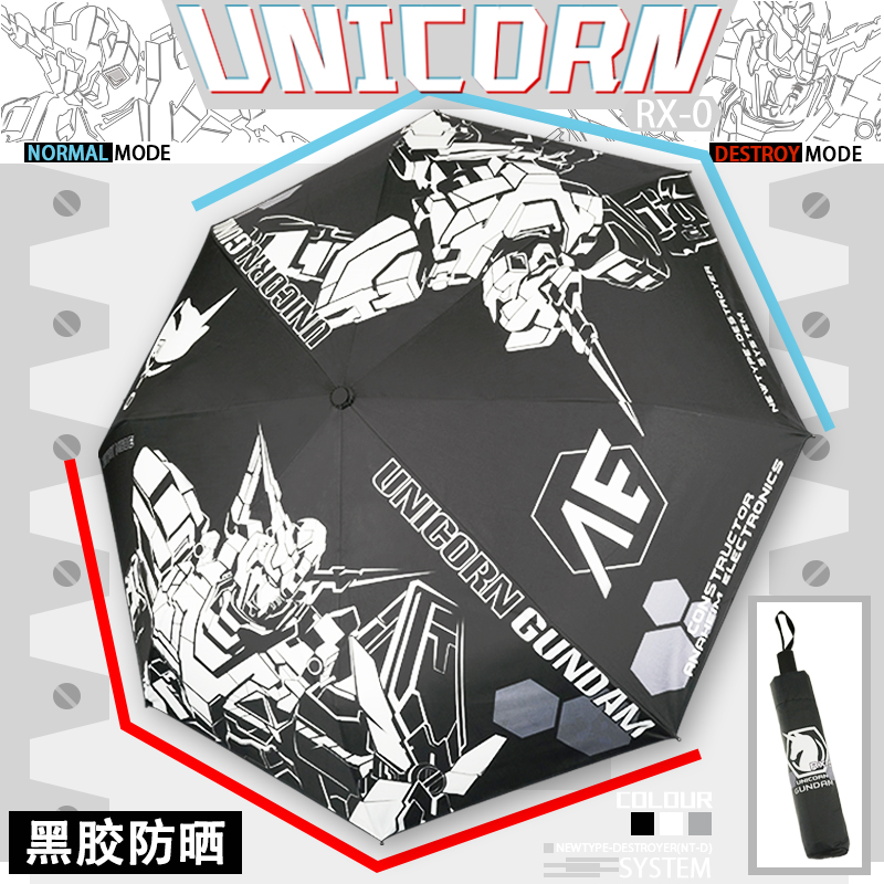 原创设计高达UC独角兽RX0 黑胶涂层防晒防紫外线三折晴雨伞遮阳伞