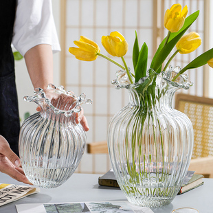 韩国ins田园风波浪口玻璃花瓶创意客厅透明水养鲜花民宿网红花器