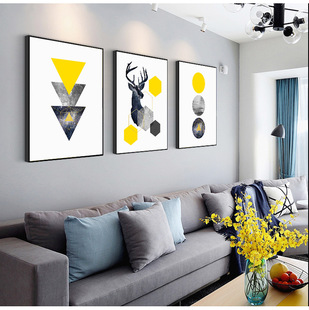 柏笙装 饰画北欧抽象几何麋鹿简约现代客厅沙发背景墙三联卧室挂画