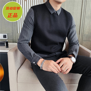 加绒条纹针织衫 潮流刺绣修身 男士 韩版 领时尚 假两件衬衫 毛衣秋冬季