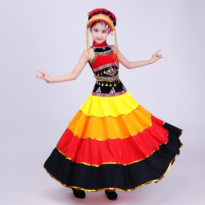 六一少儿彝族舞蹈服装 大摆裙开场舞台表演服火把节民族演出服饰
