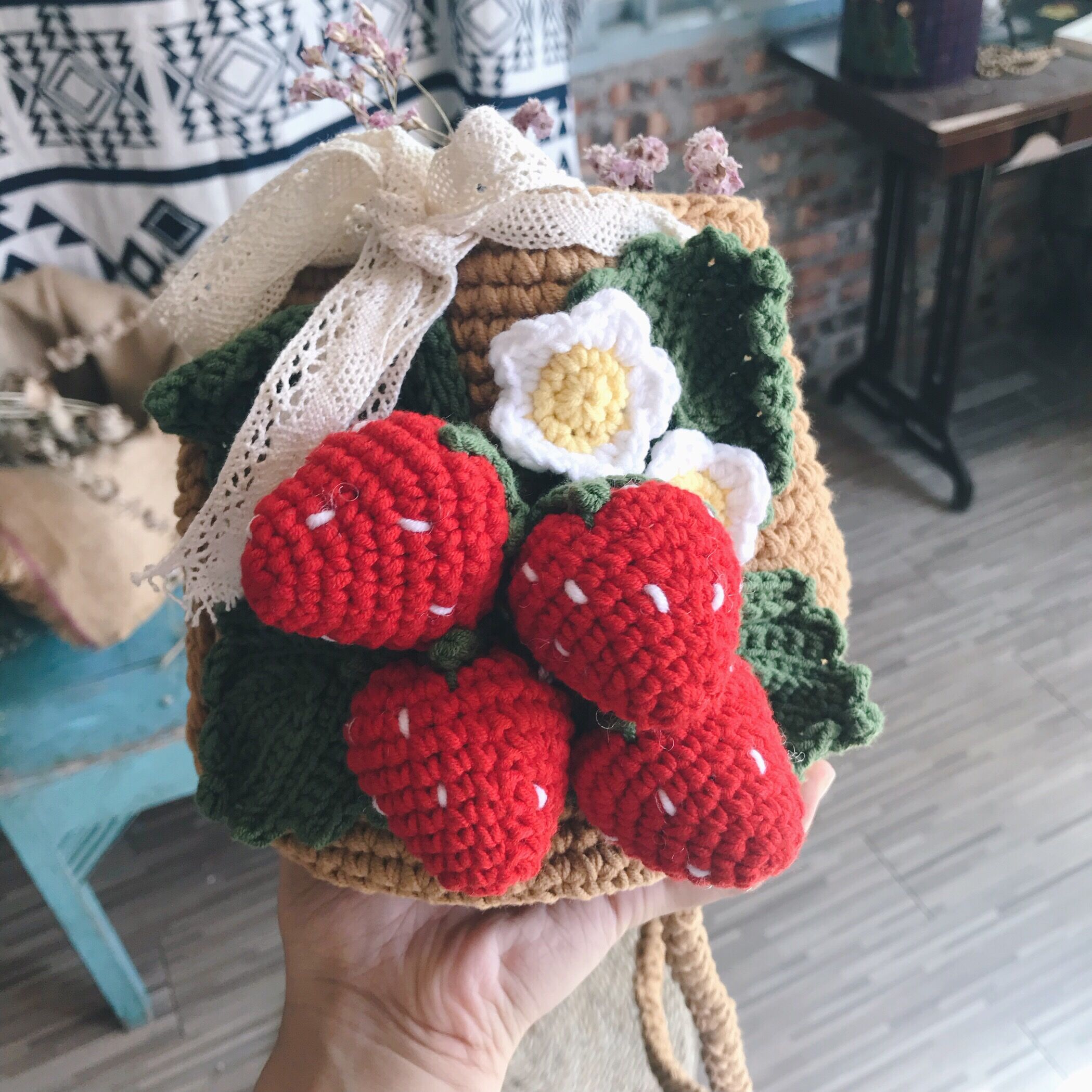 手提包DIY材料包送视频 斜跨包 手钩编织 草莓包包 孕期打发时间