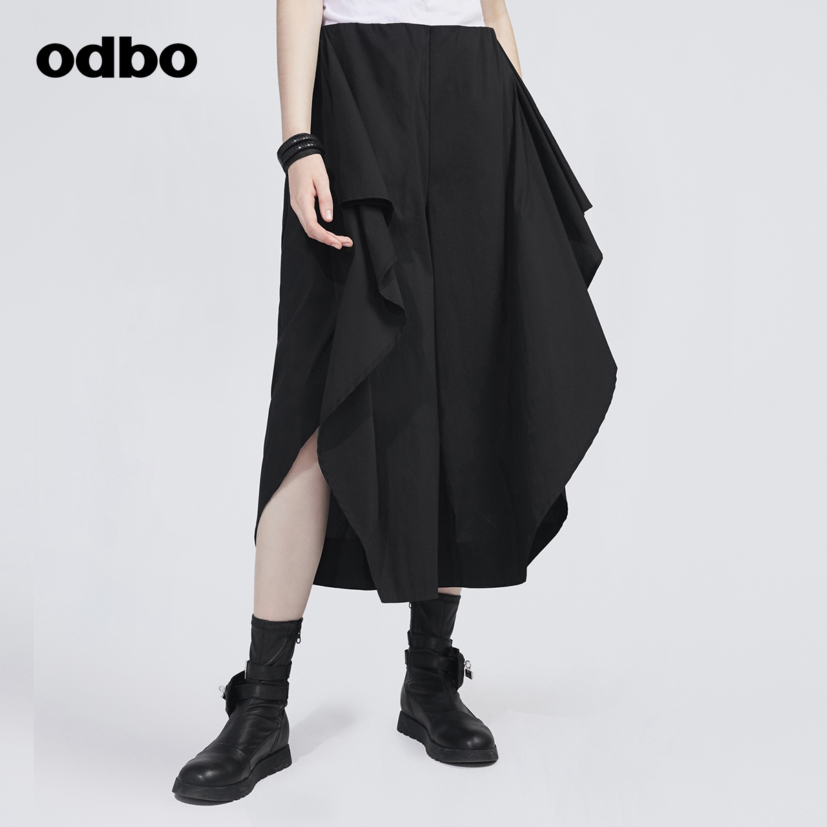 欧迪比欧原创设计黑色不对称阔腿裤 女秋装 odbo 休闲裙裤 新款