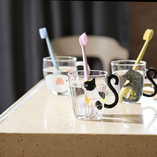 韩国可爱猫咪杯子玻璃牙刷杯一对少女心水杯牙缸杯套装 卡通漱口杯