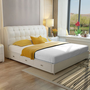 小户型轻奢真皮床1.5米1.8米双人软体床高箱床新款 主卧室结婚皮床