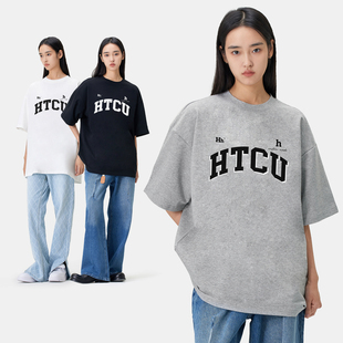 夏之光同款 HTCU美式 国潮牌女夏季 情侣T恤 学院风叠影LOGO短袖