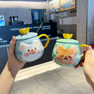 个性 创意潮流咖啡杯子卡通动物马克杯 小熊皇冠陶瓷杯ins韩式