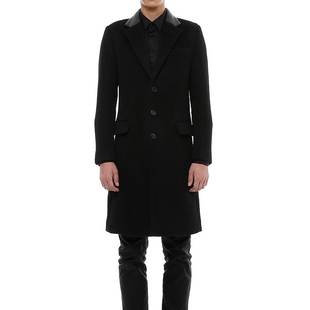 韩国代购 男装 外套绅士气质领子皮拼接潮流男西装 上衣修身 长款 韩版