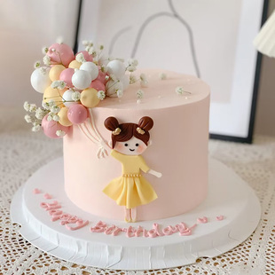 网红小公主儿童生日创意蛋糕装 饰可爱小女孩小兔子牵气球摆件 推荐
