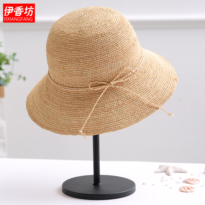 拉菲草帽女帽手工草编沙滩海边太阳帽渔夫帽夏季 可折叠女士遮阳帽