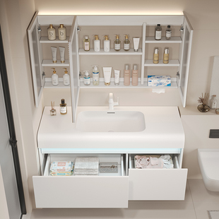 实木卫生间陶瓷岩板浴室储物柜组合一体盆洗手盆镜前智能镜子带灯