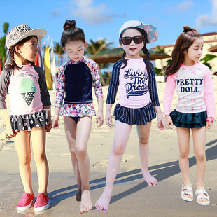 INS宝宝儿童小孩温泉泳装 长袖 女童泳衣分体群式 防晒速干可爱韩版