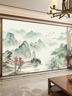 新中式 电视背景墙纸壁纸客厅卧室山水墙布书房茶室办公室定制壁画