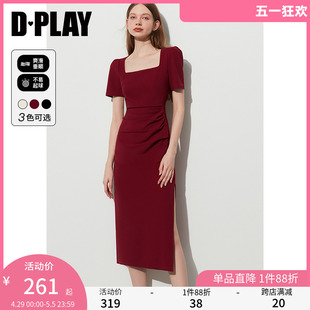 DPLAY2024春夏法式 复古红色连衣裙方领红色回门服礼服订婚服女