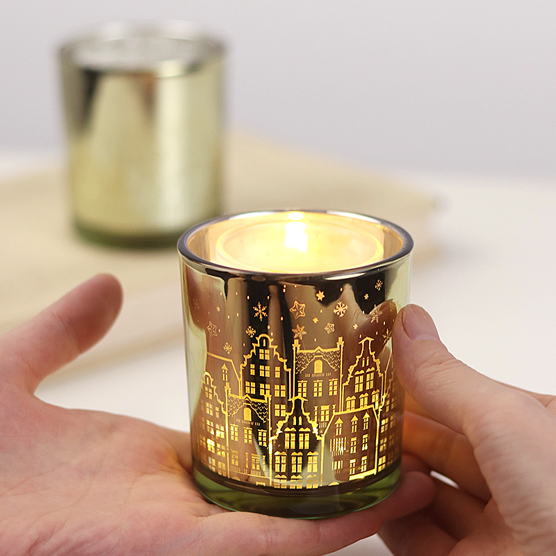 城市之光蜡烛杯香薰蜡烛容器DIY金色电镀玻璃桌面圣诞烛台节庆
