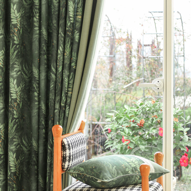 客厅窗帘棉麻美式 半遮光卧室复古田园森林系绿叶飘窗打孔成品窗帘
