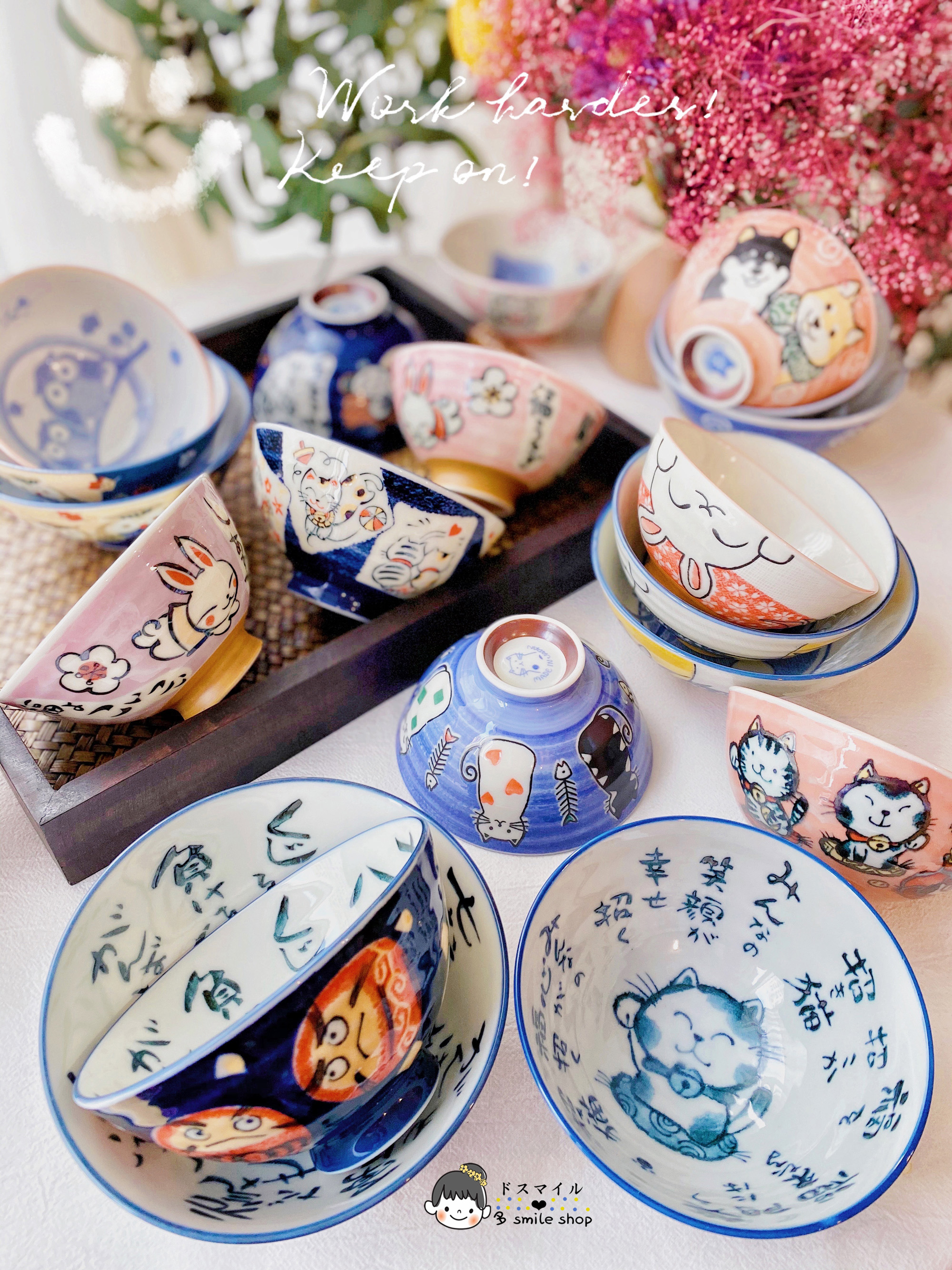 现货日本进口美浓烧饭碗招福动物小碗招财猫达摩釉下彩陶瓷餐具