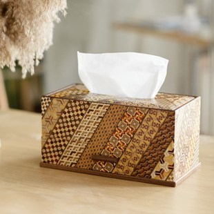 日本寄木细工手工实木拼花纸巾盒带抽屉创意收纳柜抽纸巾收纳盒