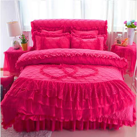 婚庆大红色公主风床单四件套加厚夹棉床裙蕾丝花边床罩被套4件套